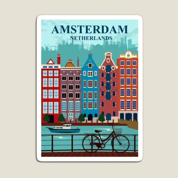 Amsterdam Travel Poster  Magnet Refrigerator Children Cute Decor for Fridge Organizer Colorful Funny Kids  Toy Magnetic Holder