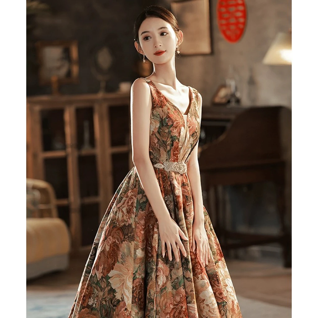 Jacquard V-neck Celebrity Dress Sleeveless Lace-up A-line Floor Length Vintage Flower Formal Occasion Evening Party Gowns 2024