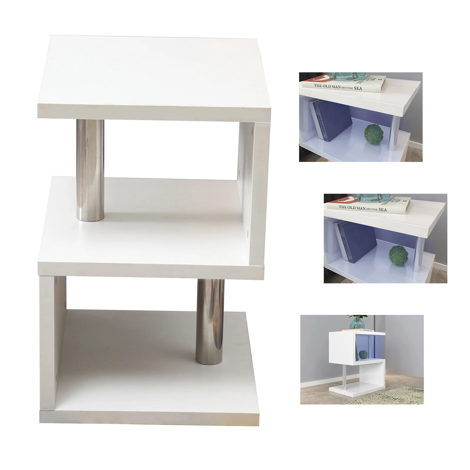 CNCEST Modern Coffee Table Modern Side Table LED High Gloss S-Shaped W/Drawer End Table Living Room Furniture