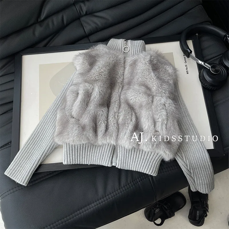 Stand Collar Faux Fur Girls Quilt Coat Winter Knitted Sleeve Patchwork Warm Cotton Jacket Fashion Children Outerwear