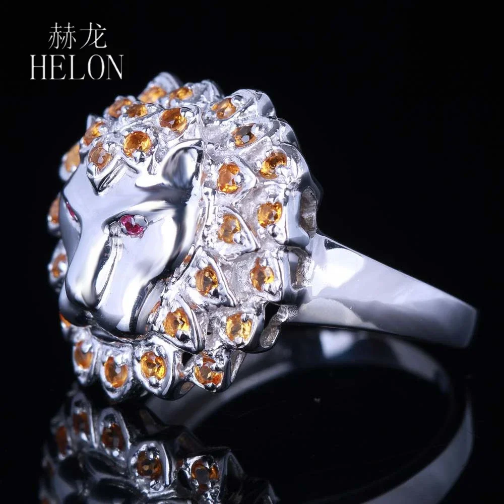 HELON Sterling Silver 925 0.6ct Round Genuine Rubies Citrine Gemstone Ring Women Men Classic Trendy Jewelry 3D Lion Head