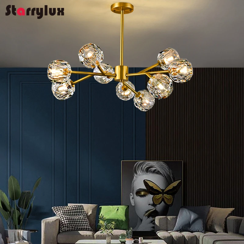 北欧真鍮分子シャンデリア モダンクリスタル高級シーリングライト 調節可能なペンダントランプ リビングルーム用