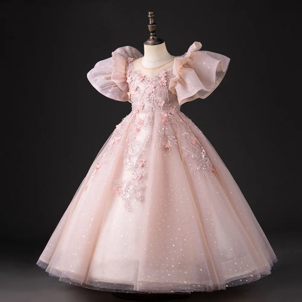 Jill Wish Luxury Pink Dubai Girl Dress 3D Flowers Pearls Arabic Princess Kids Wedding Birthday Party Long Ball Gown 2025 J384