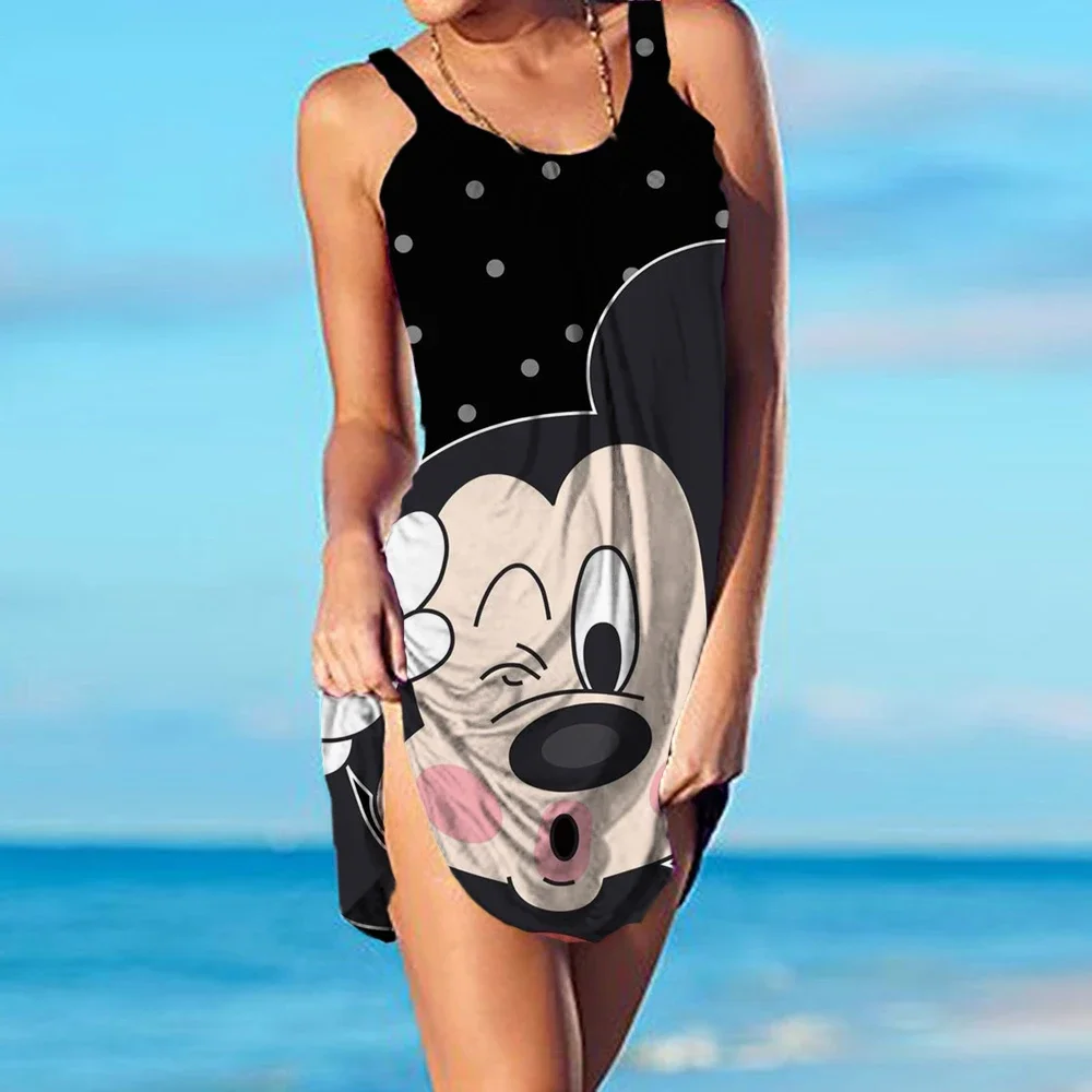 2024 New Sexy Mickey Mouse Mini Beach Dress donna Spaghetti Strap Stitching abiti donna elegante Evening Party Club Dress