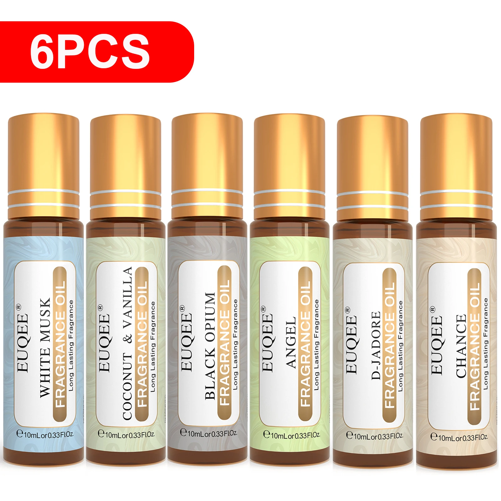 EUQEE 6-teiliges Damen-Duftöl-Set – 10 ml, weiße Moschus, Kokosnuss und Vanille, schwarze Opiumm Angel Chance D-Jador-Roller-Duftöle