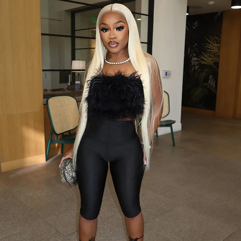 2025 Autumn Women Sexy 2 Piece Set Fluffy Faux Fur Tube Tops + High Waist Skinny Capris Pants Fashion Suits Party Clubwear