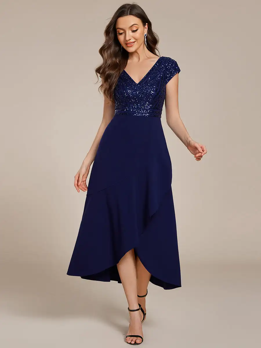 Elegant Evening Dresses Short Sleeve V-Neck Asymmetrical Hem Paillette Detail Ever Pretty of Navy Blue Formal Evening Dress