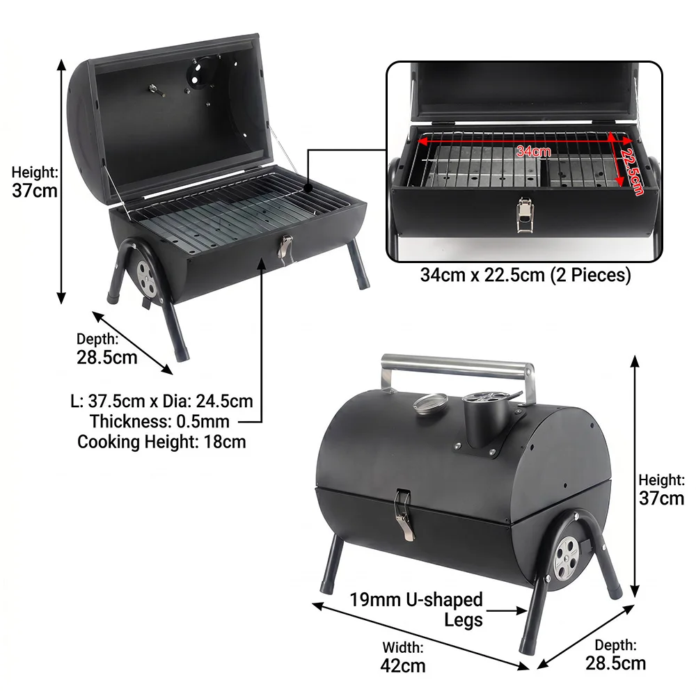 Portable Barrel Charcoal BBQ Grill Tabletop Cylinder Barbecue Grill with Double Cooking Grids & U-Legs FDA LFGB 42cm
