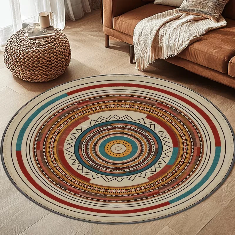 Round Nordic Ethnic Geometric Border Area Rug Neutral Khaki Boho Lattice Pattern Decor Carpet For Living Room Bedroom Entryway