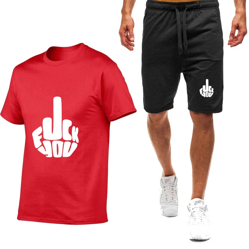 

2025 Summer Man's Funny middle finger Logo Print 100%Cotton Streetwear Short Sleeve High Quality T-shirt Beach Short Pants Suits