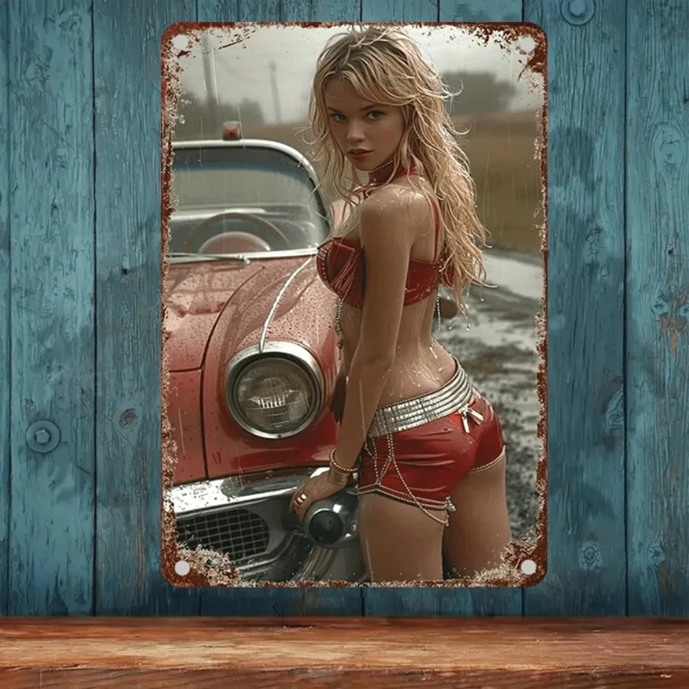 Vintage Blechschild Metall Wanddekoration 2D Car & Pinup Girl 7,9x11,9 Zoll Retro American Bar Cafe Home Decor Geschenk