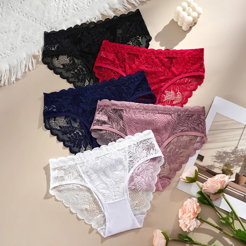 5 Stück sexy Damenhöschen mit Spitzenbesatz, einfarbig, modischer Spitzenbesatz, Baumwollzwickel, bequeme, hochelastische Damen-Slips