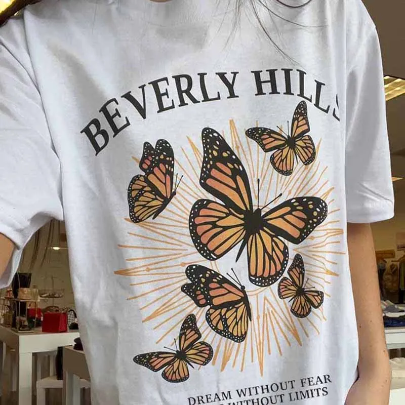 Summer Cute Aesthetic Shirts Beverly Hills Butterfly Letter Print Women Streetwear Graphic Tshirt Harajuku Vintage Tee Tops