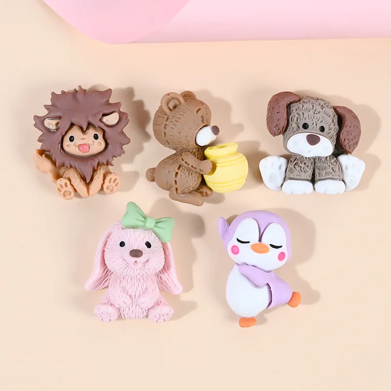 10pcs Cartoon Animals Lion Bear Dog Penguin Flat back Resin Cabochon Embellishments for Hair Bows Accessories DIY Scrapbooking