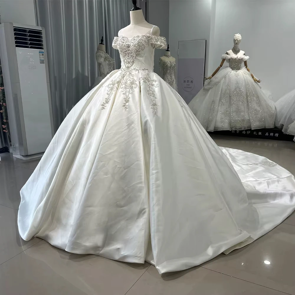 فستان زفاف من Vestido De Novia Encaje بدون أكتاف على شكل قلب وأربطة من الخلف مطرز بالخرز وحفلات الزفاف من الساتان