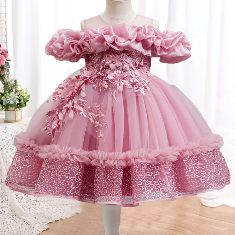 2025 New Dress for Girls One Shoulder Mesh Embroidered Girls Elegant Dresses 3-10 Year Old Flower Girl Birthday Party Dress