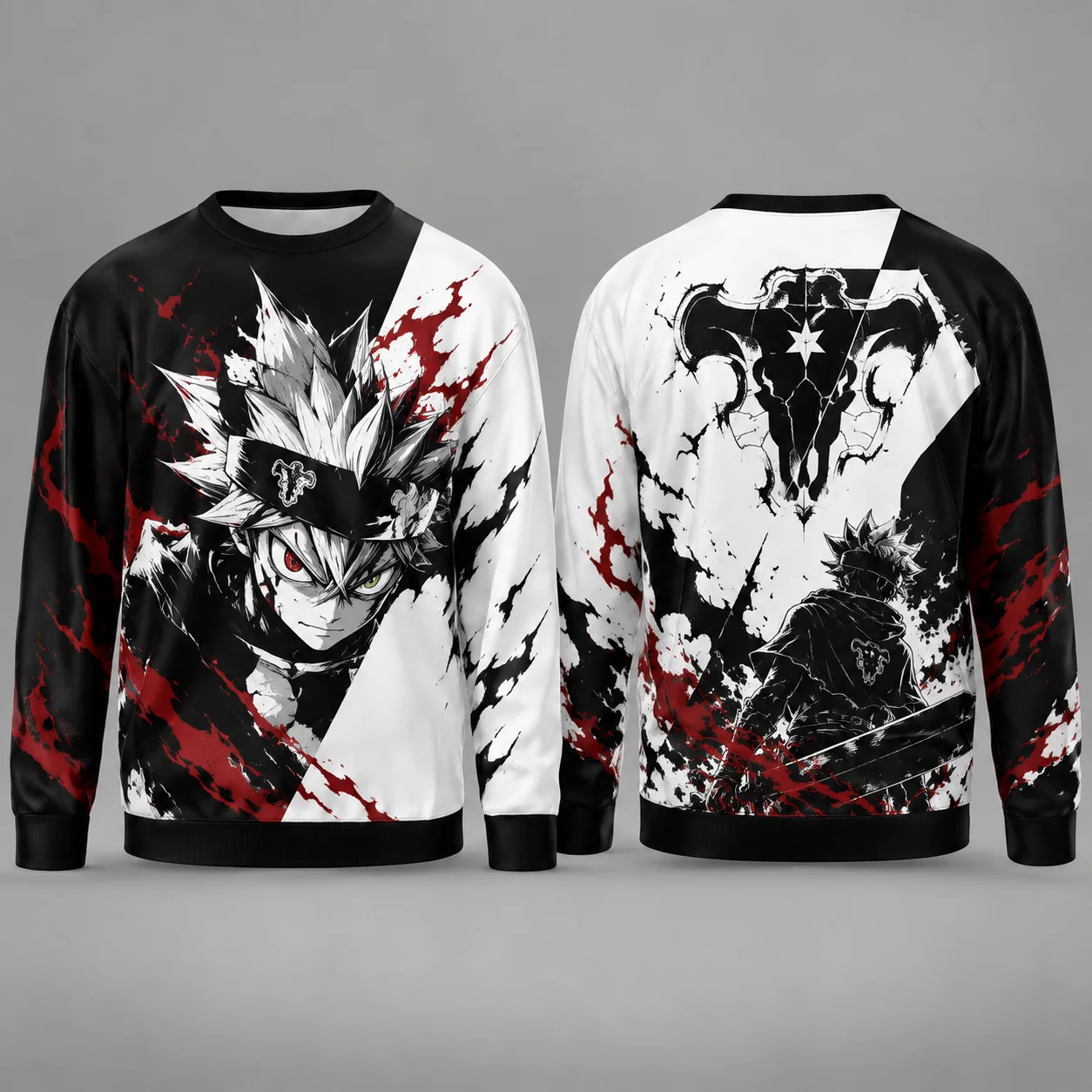 Front Back Spiky Hair Anime Hero Graphic Sweatshirt Unisex Red Ink Splatter Warrior Print Dual Sided Casual Long Sleeve Popular