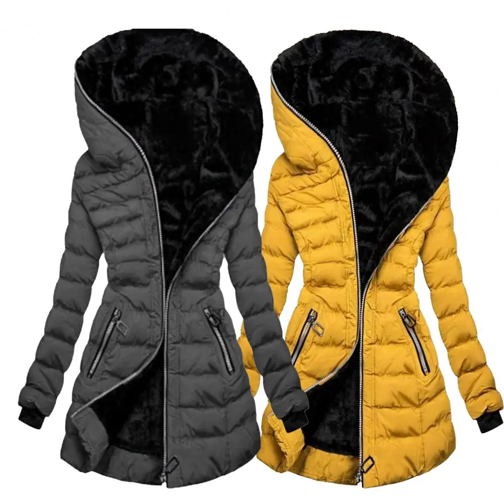 Fabulous Winter Coat Solid Color Zipper Closure Wear-resistant Hooded Quilted Women Overcoat