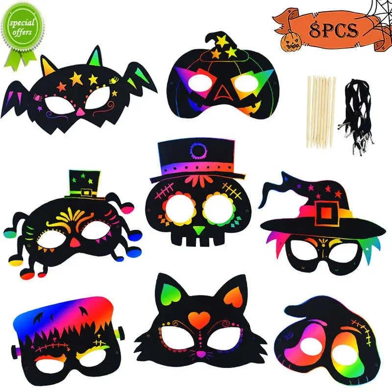 

Update New 8Pcs DIY Scratch Masks Magic Rainbow Color Kids Painting Gift Toys Halloween Party Favors Decoration Horror Cosplay