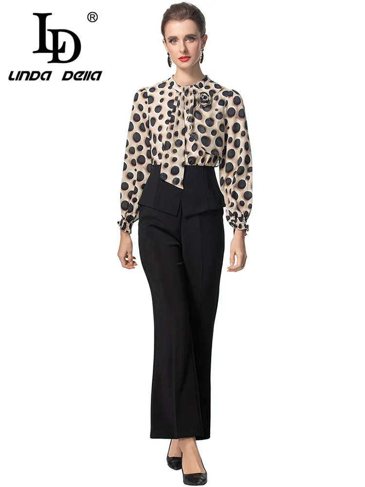 LD LINDA DELLA Women's Commuter Suit Scarf Collar Appliques Dot print Tops+Black Wide leg pants Autumn and Winter 2 piece set