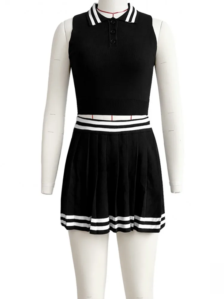 2 Pieces Set Sexy Summer Autumn Fashion Knit Women Set 2024 Female Pullover Tops White Black Sleeveless Top And Mini Skirts