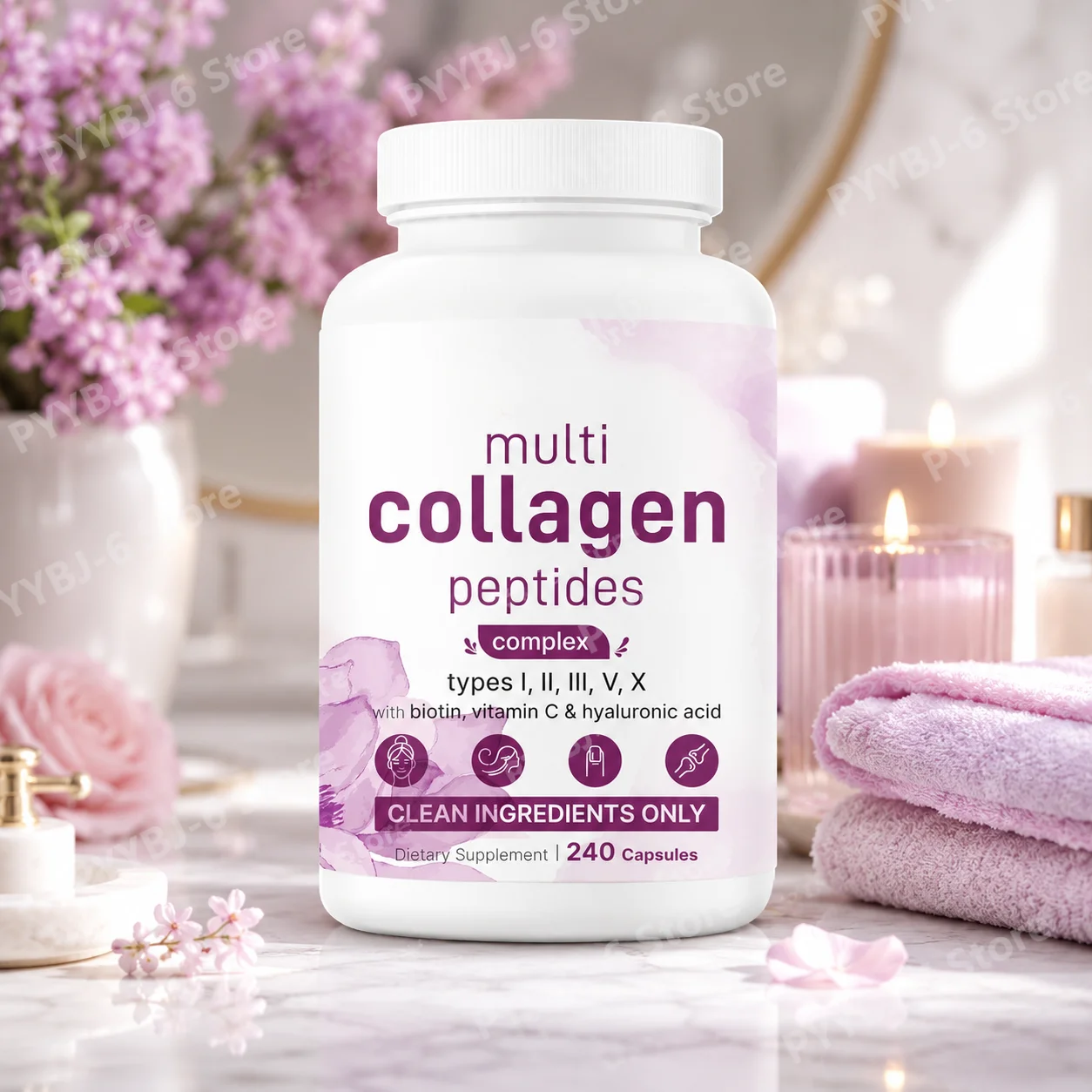 Multi Collagen Capsules 240ct Type I II III V X with Biotin Hyaluronic Acid Vitamin C Hydrolyzed Protein Supplement