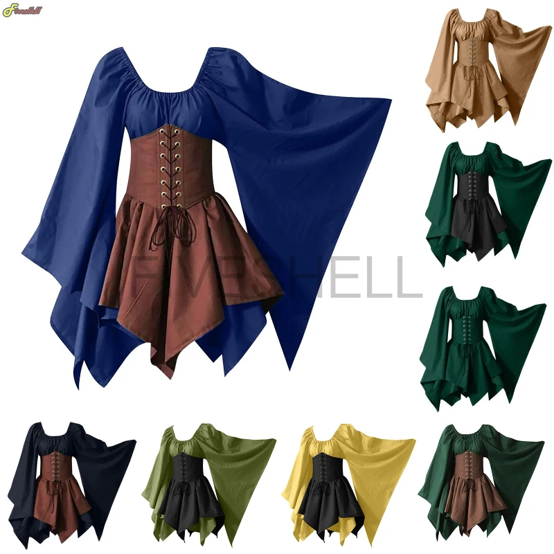 Medieval Cos Corset Dress Renaissance Fairy Elf Robin Hood Cosplay Costumes Halloween Women Flare Sleeve Gown Party A Line Dress