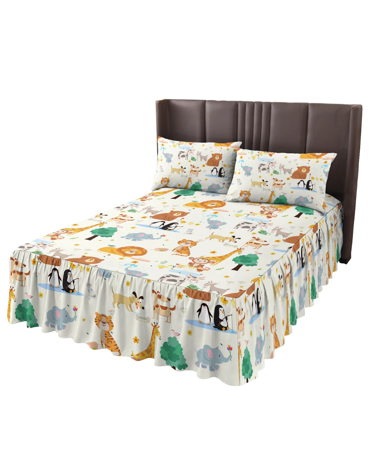 Animal Tiger Lion Elephant Penguin Bed Skirt Elastic Fitted Bedspread With Pillowcases Mattress Cover Bedding Set Bed Sheet