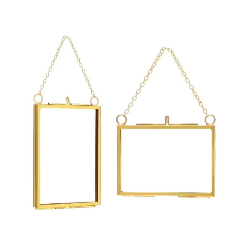 2Pcs Square Metal Glass Frame with Metal Chain Wall Mounted Dried Flower Holder Frame For Herbarium and Home Decoration 55KF