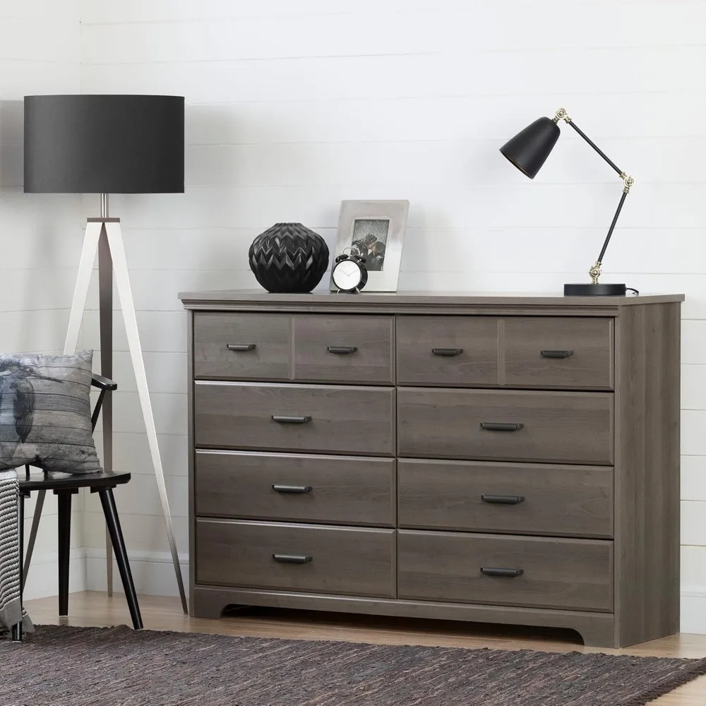 

Versa Collection 8-Drawer Double Dresser, Weathered Oak with Antique Handles, Modern Chest of Drawers