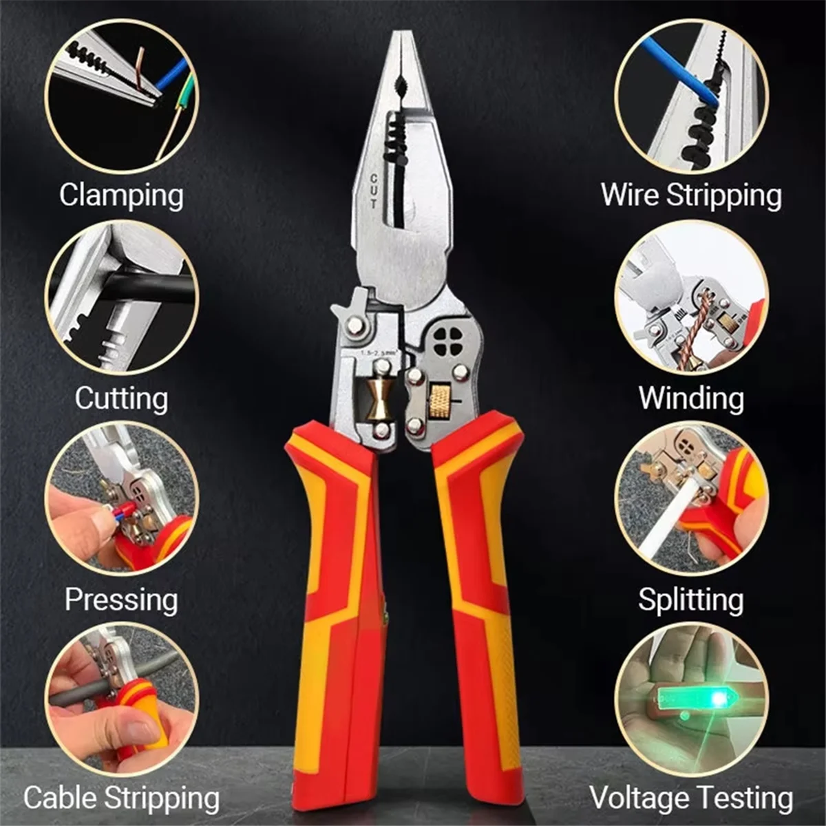 ABAB Multi-Function Wire Stripper Electricians Voltage Testing Cable Cutting Scissors Crimping Pliers