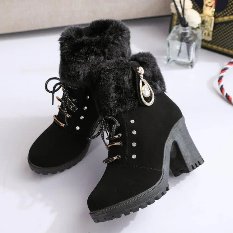 Women\'s boots autumn/winter rhine-diamond high heel leather boots Short pipe cold-proof warm waterproof fashion ankle boots