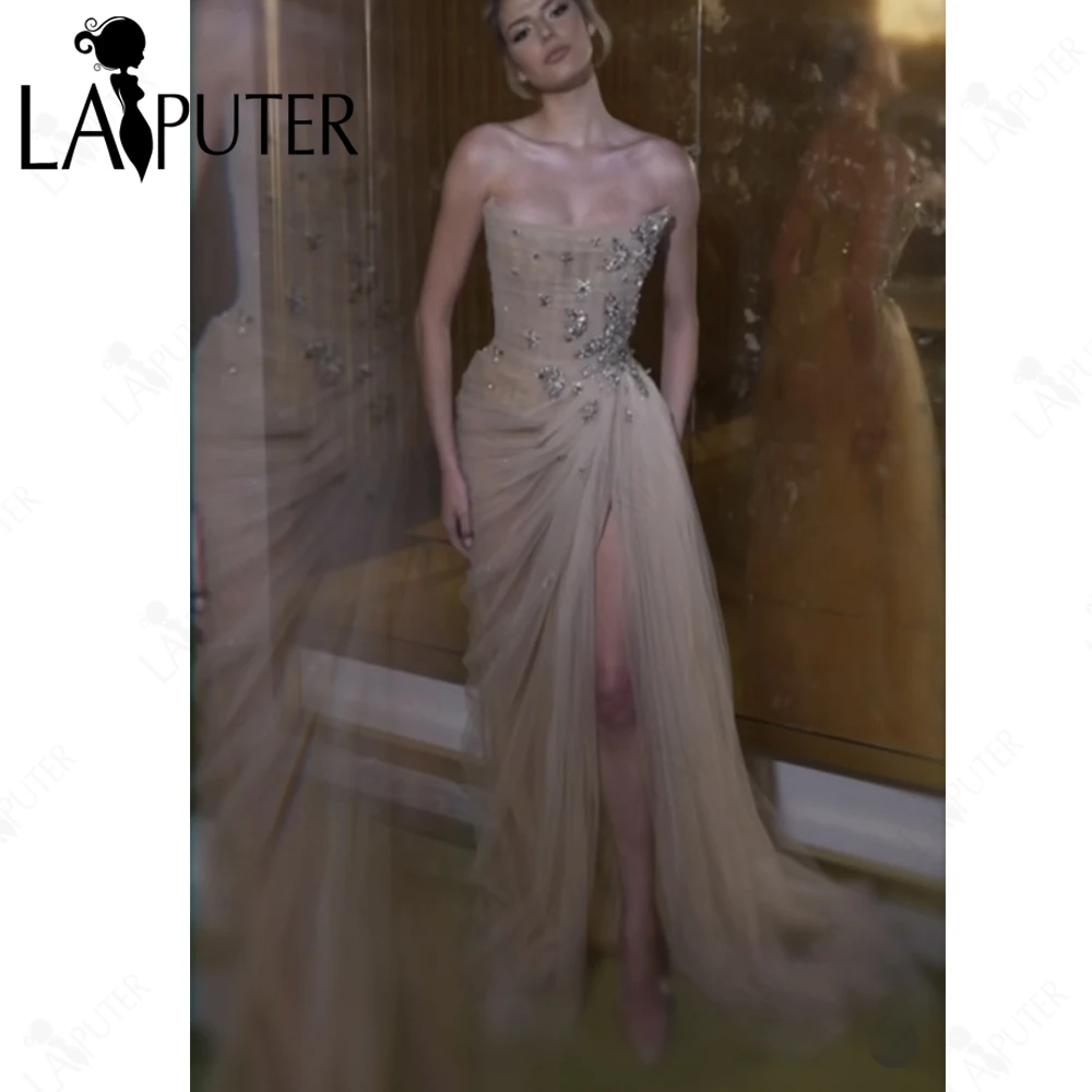 Nude Tulle Prom Dresses Boned Bodice Beaded Butterfly Illusion Evening Gown Crystal Stones Open Slit Ruched Celebrity Dress