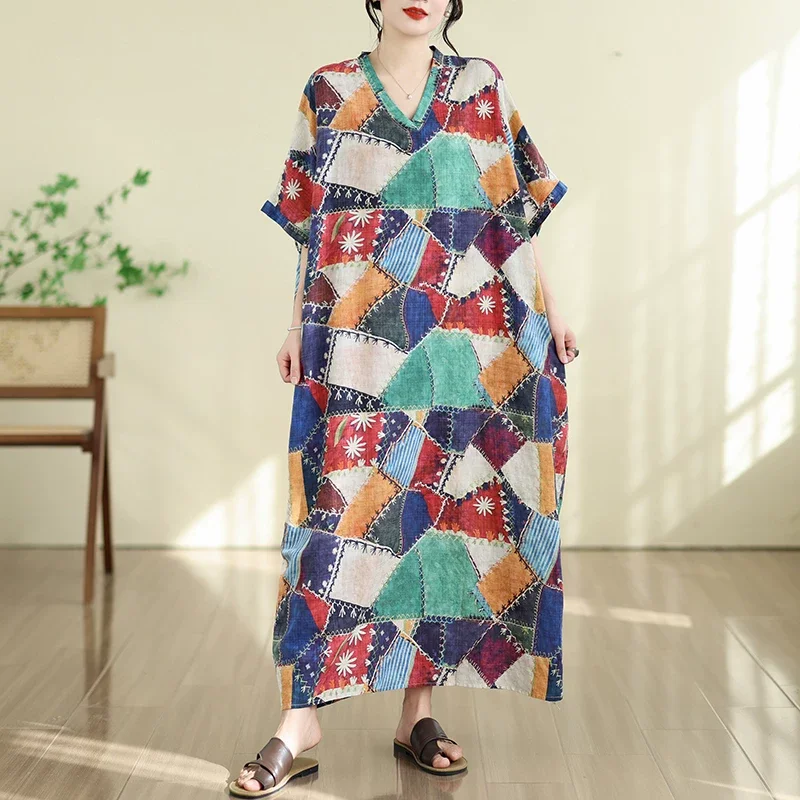 Women's Long Sleepdress Vintage Short Sleeve Cotton Linen Gown for Beach Vacation Home Comfortable Night Robe