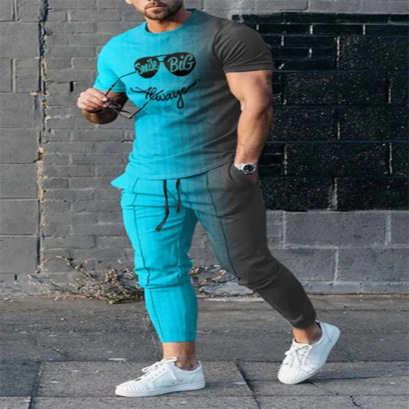 New Arrival Summer Men Trousers Tracksuit 2 Piece Sets Short Sleeves T Shirt+long Pants Street Casual Suits Mens Clothes