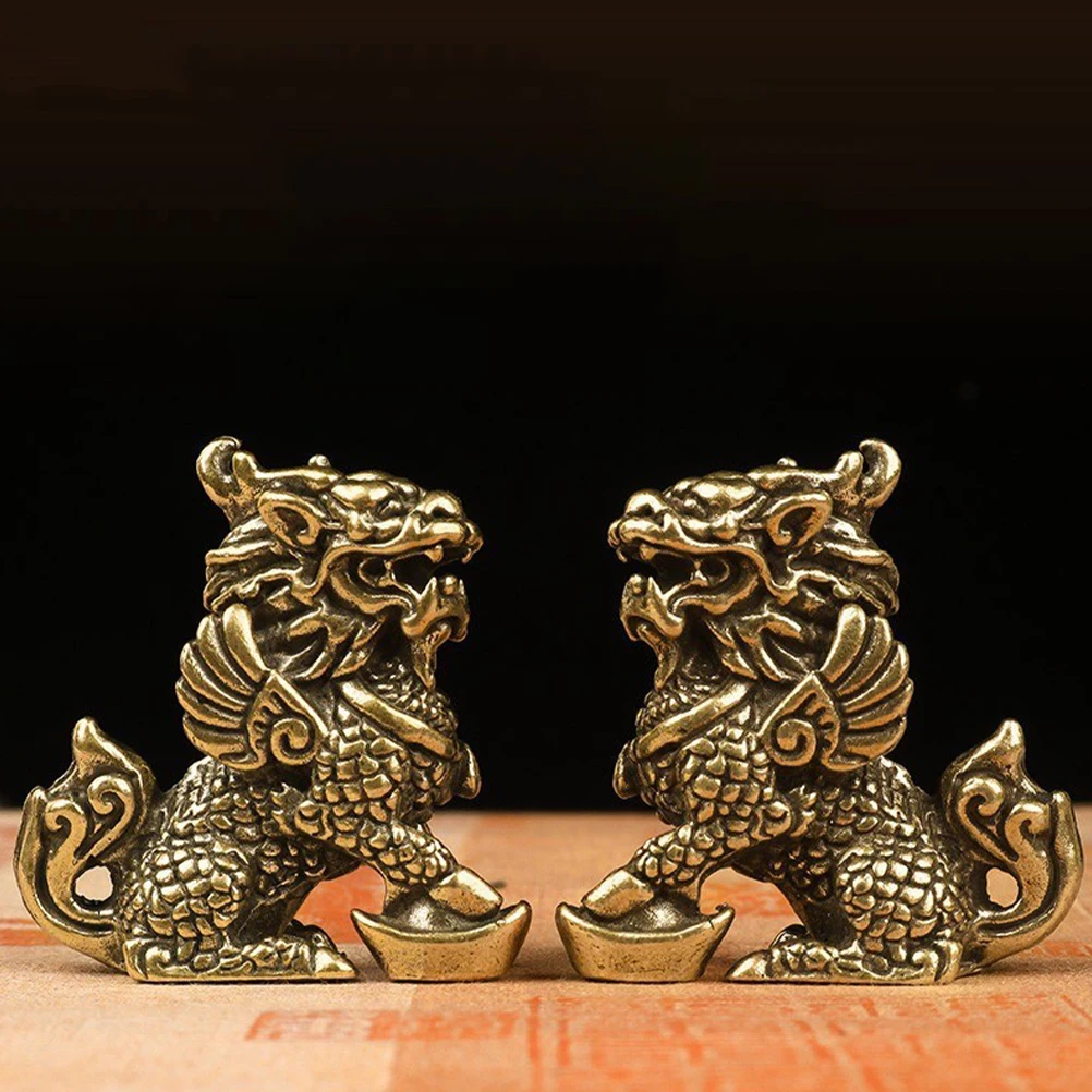 

1Pair Mini Brass Kylin Statues Exquisite Luck Adornment for Living Room Bedroom Garden Cabinet Display Decor Brass Adornment