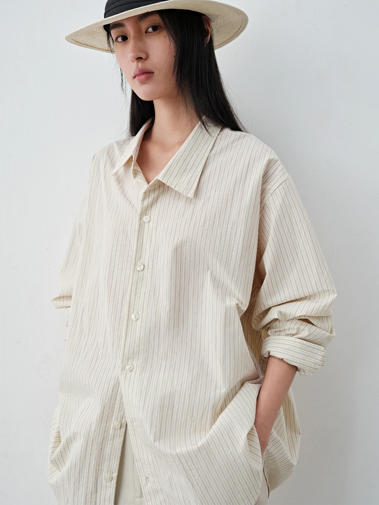 

Asymmetric Pointed Collar Striped Beige Lazy Shirt Casual Style Loose Fit Long Sleeve Women's Spring Fashion Top HaveRice
