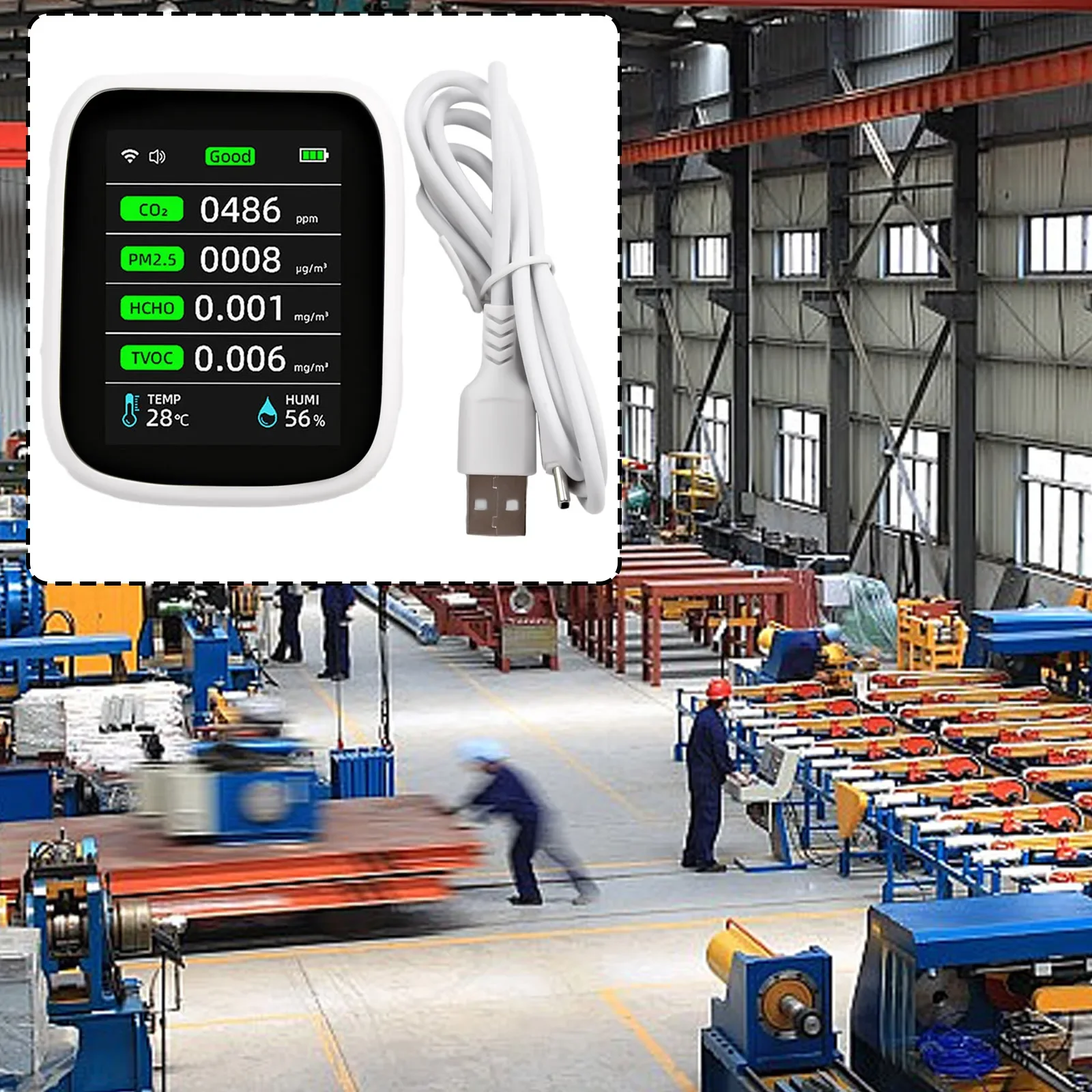 

Монитор воздуха в помещении с подключением к Wi-Fi для приложения Tuya обнаруживает функцию сигнализации температуры и влажности PM2 5 PM10 HCHO