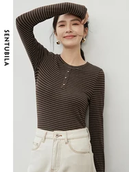 SENTUBILA Women Striped Cotton Knit T-shirt  2024 Spring Autumn Slim Fit Crew Collar Long Sleeve Metal Button  Top 143T56538