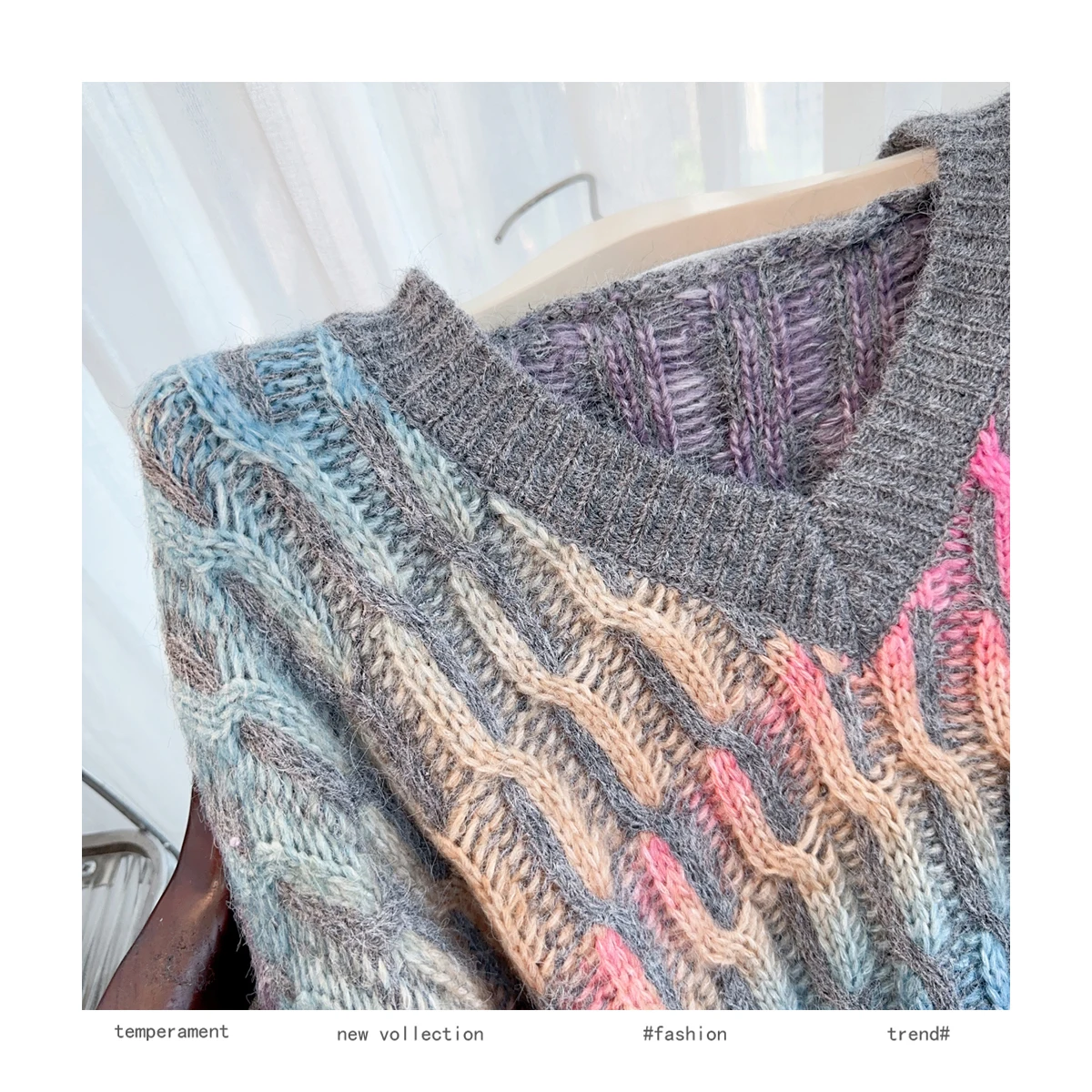 Pulôver de malha feminino cinza contrastante com decote em v 20000s y2k japonês all-match solto outono e inverno novo chique meados de comprimento topo