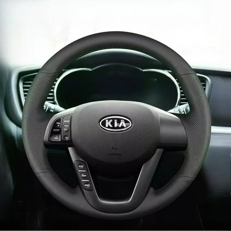 

Чехол на руль автомобиля из черной кожи ручной работы, ультратонкий, износостойкий, противоскользящий, для Kia K5 2011-2012 годов.