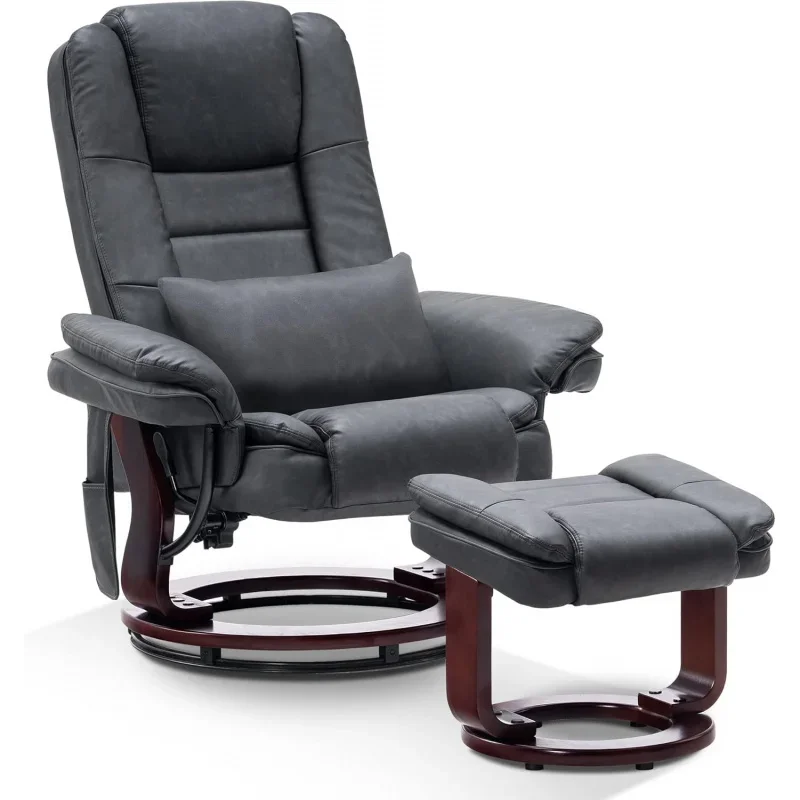 

Recliner with Ottoman Accent Reclining Chair with Vibration Massage, 360 Degree Swivel Wood Base, Faux Leather 9096 (Dark Grey)