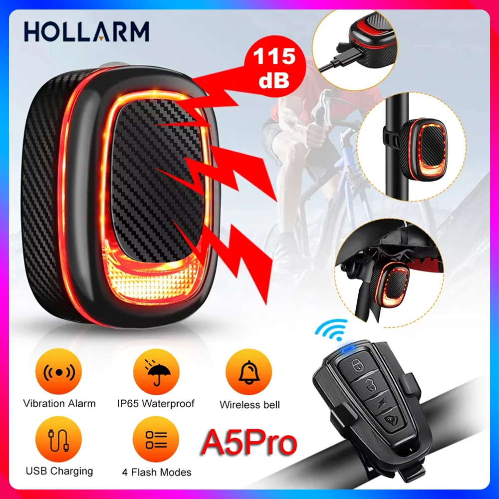 Hollarm Bicycle Burglar Alarm Bike Light Rear Lamp Smart Auto Brake Sensing Light USB Charge Remote Control Waterproof Taillight