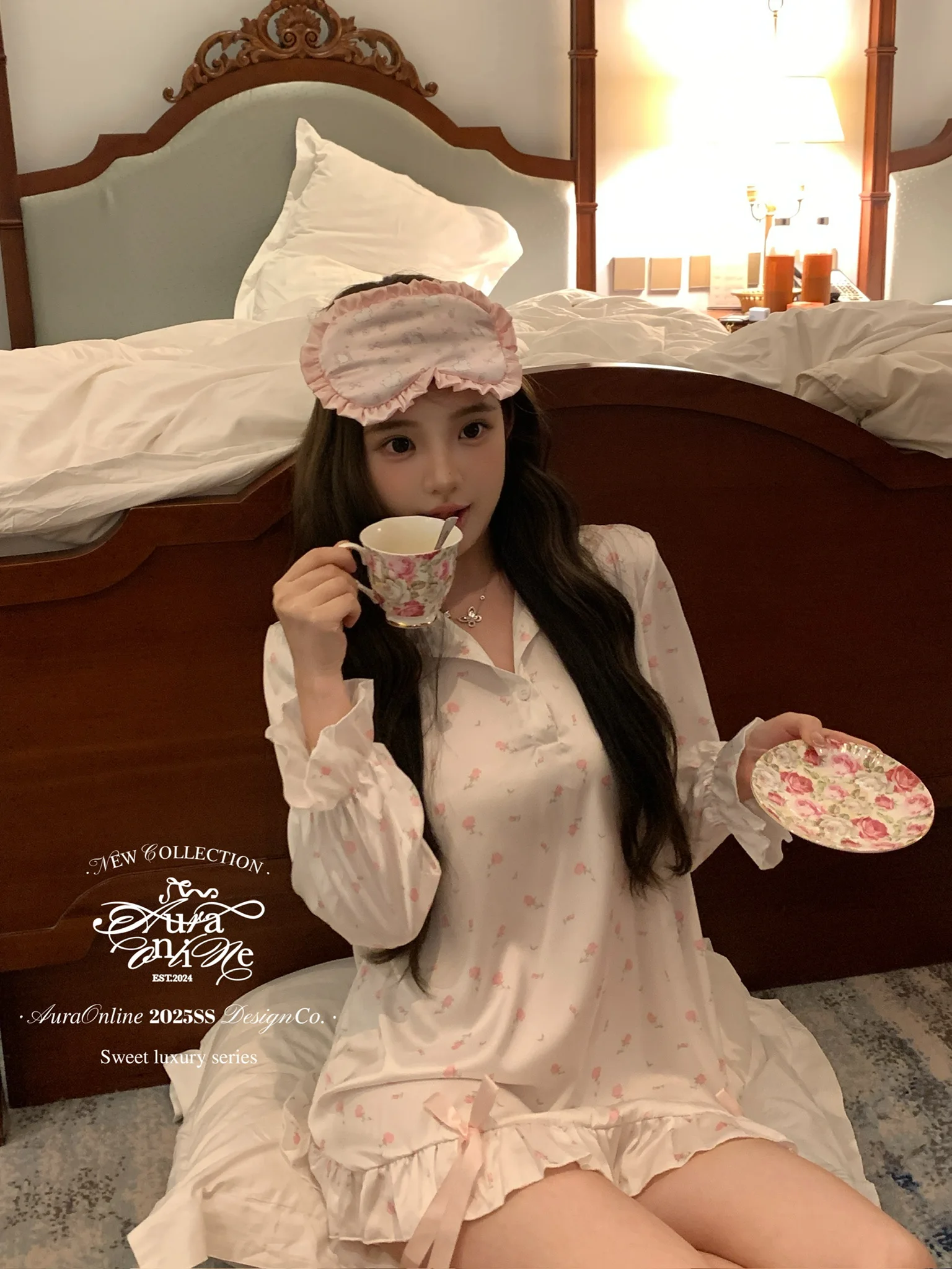 Original French Style Gentle Sweet Girl Ins Floral Long Sleeve Nightdress Turn-down Collar Cartoon Cute Casual Loose  Homewear