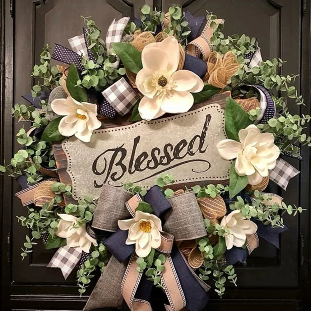

Spring Summer Wreath for Front Door Farmhouse Magnolia Porch Decor Front Door Hanger,Housewarming Gift Round Wreath