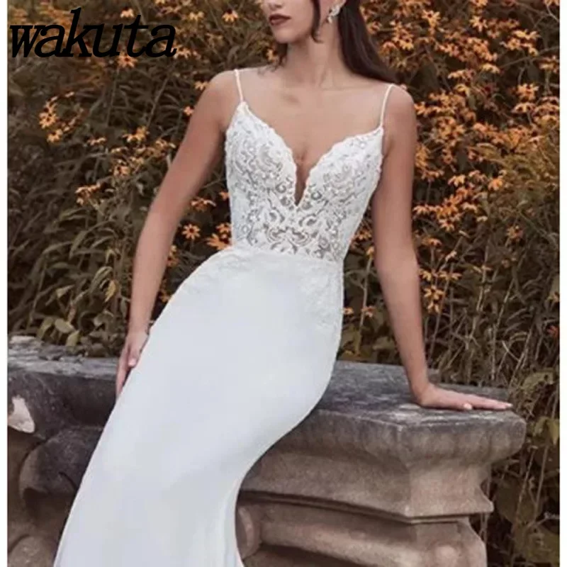 Wakuta Sweet V-Neck Sleeveless Wedding Dress with Elegant Backless Fishbone Solid Color Formal Party Evening Vestidos De Noche