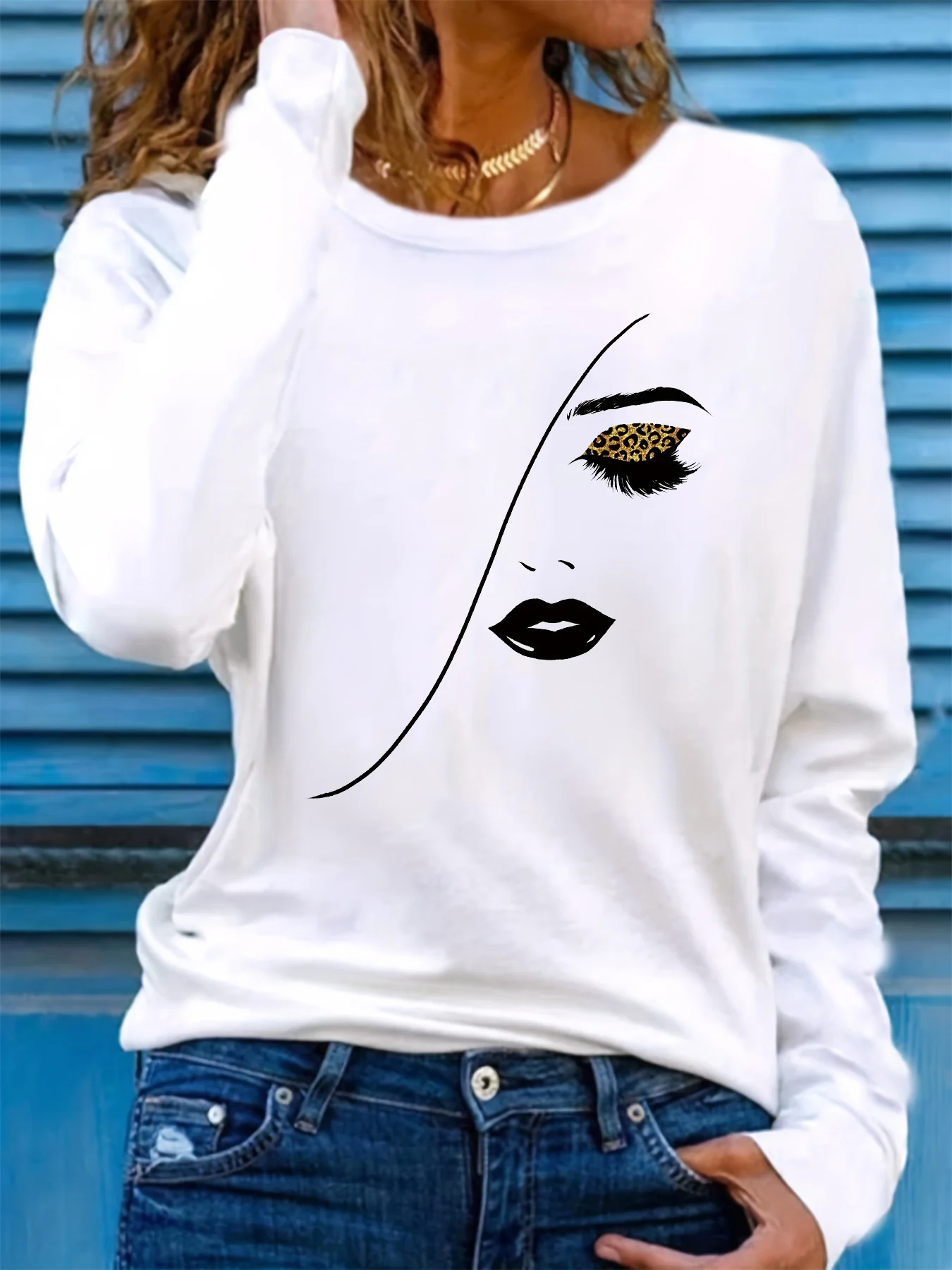 Camiseta 100% de algodón puro para mujer, camiseta informal cómoda de manga larga con estampado de retrato y cuello redondo para primavera y otoño