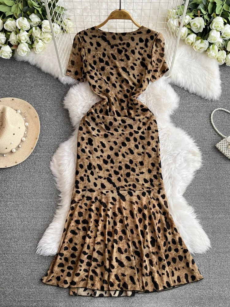 Foamlina Elegant Leopard Print Summer Dress Women Fashion V Neck Short Sleeve Slim Drawstring Ruched Split Ruffles Long Dress