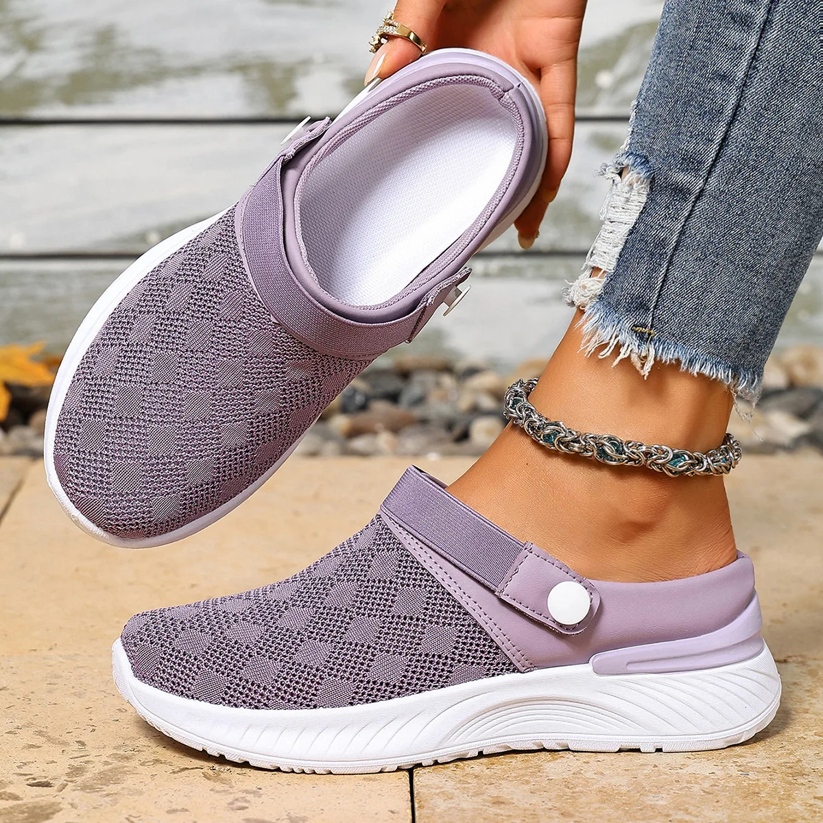 Verstellbare Schnallen-Rückenriemen Keilabsatz-Pantoletten für Damen, Atmungsaktives Strickmesh, Rutschfeste Weiche Sohle, Tägliche Geh- und Freizeitschuhe – Detail 5
