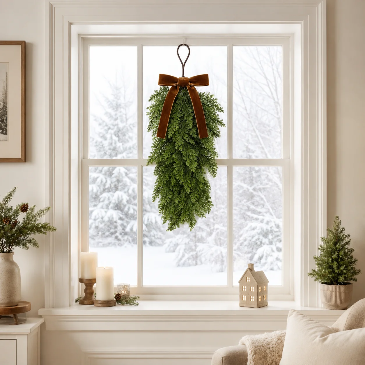 2 Stück Künstliche Zedern-Tropfenkranz mit Samtschleife, Hängendes Evergreen-Grün für Weihnachtsdekoration an Tür, Wand, Kamin und für Feiertage – Detail 4